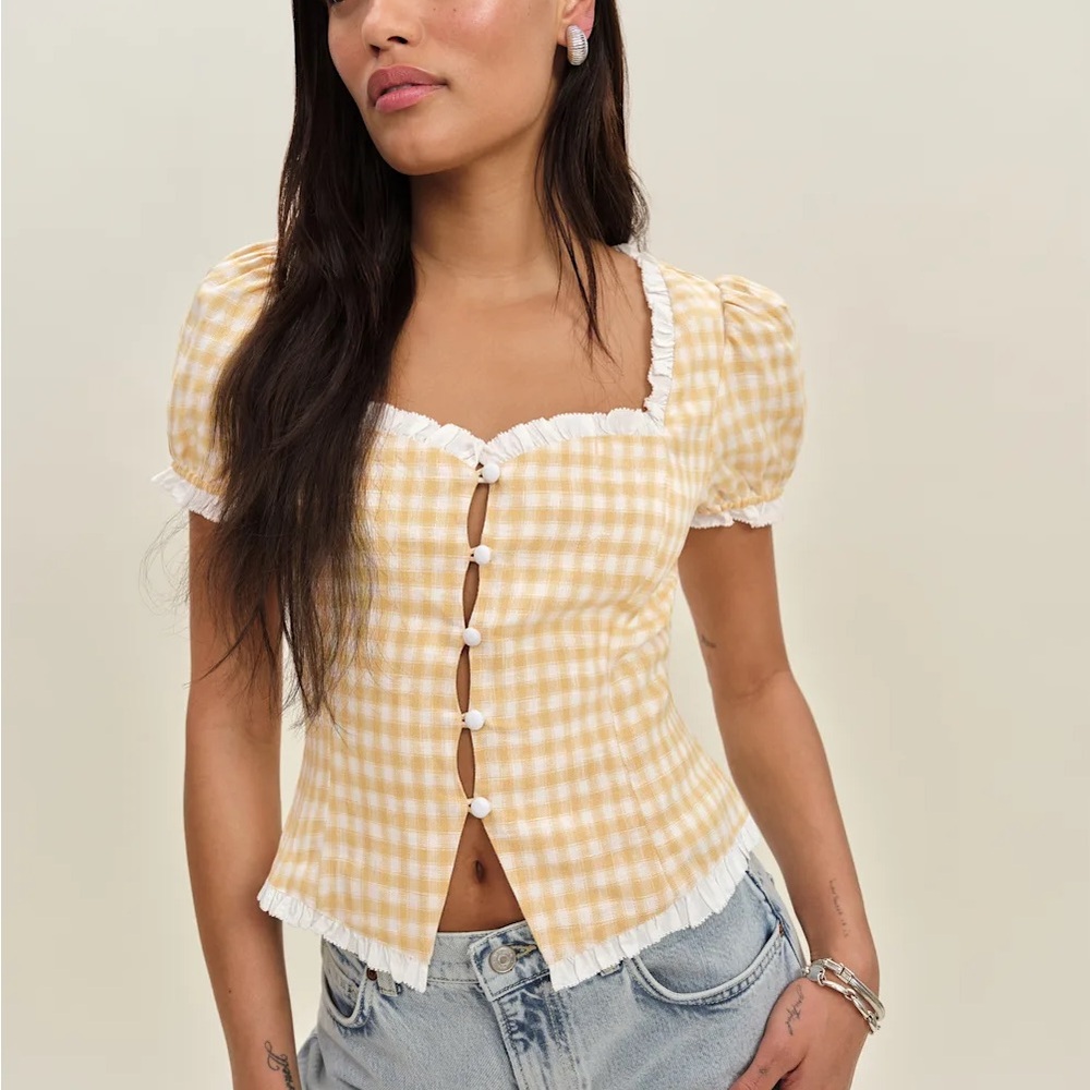Reformation Yellow Gingham Puff Sleeve Top